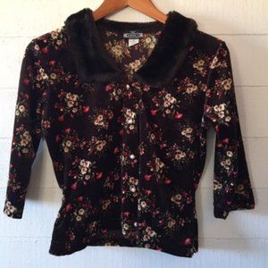 Velvet Button Up Crop Top with Faux Fur Collar S